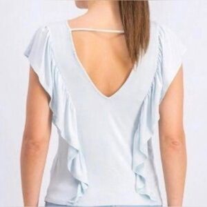 Willow & Clay Women Casual Deep V-Neck Ruffle Sleeve Blouse Top Blue Sz. S NWOT